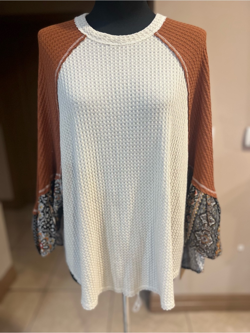 Blu Pepper Cream and Rust Waffle Knit Raglan Top with Printed Bell Sleeves